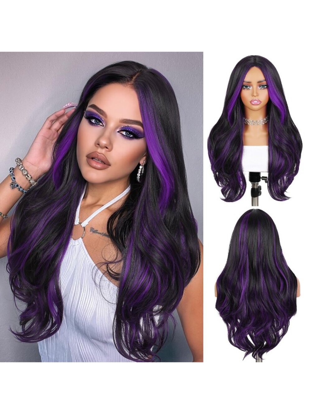 28Inch Women's Fashion Black mix ourole Long Synthetic Wavy Curly Wig with Bangs